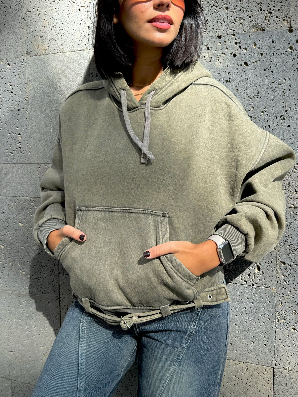 Olive Washed Printed Hoodie