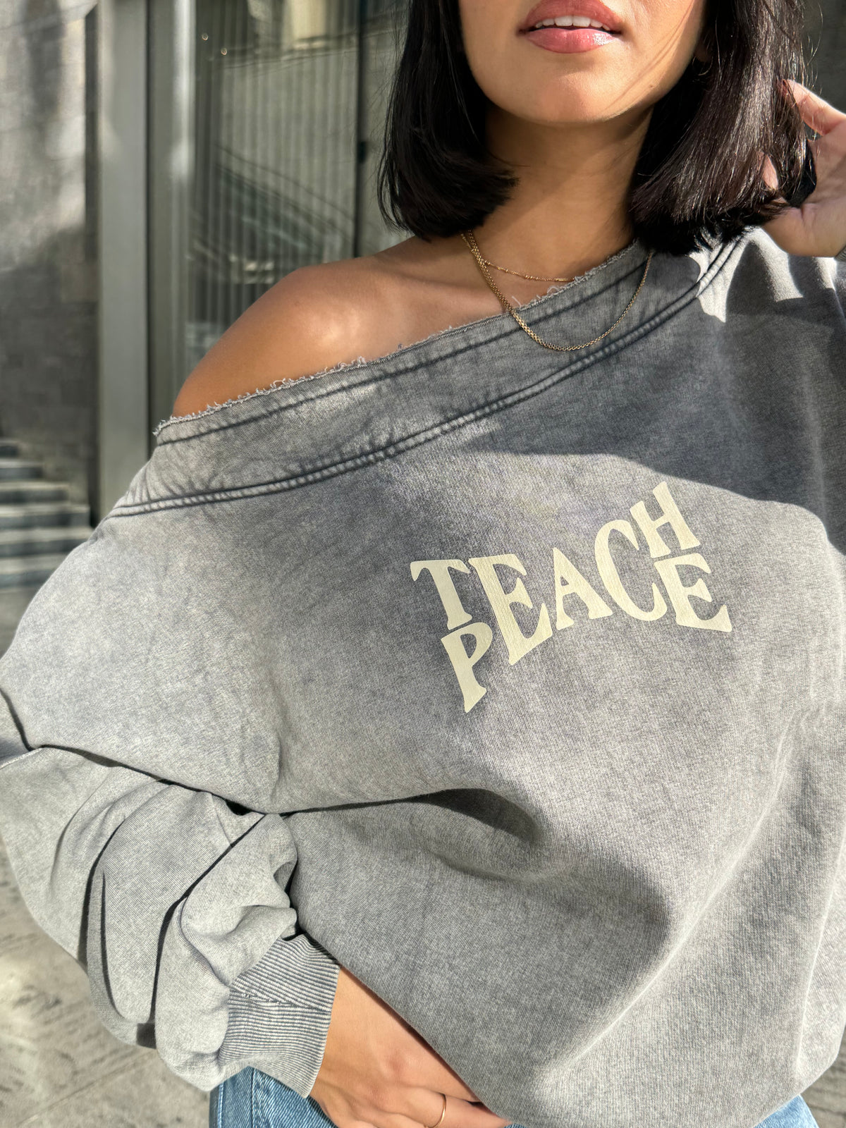 Washed Printed Off-Shouldered Sweatshirt