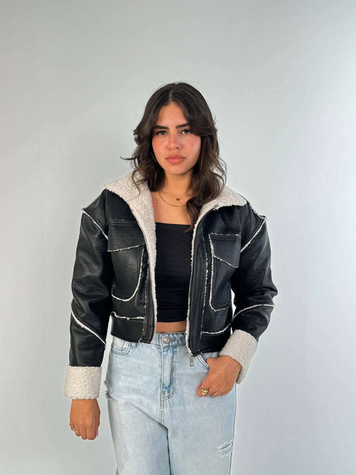 Faux Leather Stitched Fur Jacket